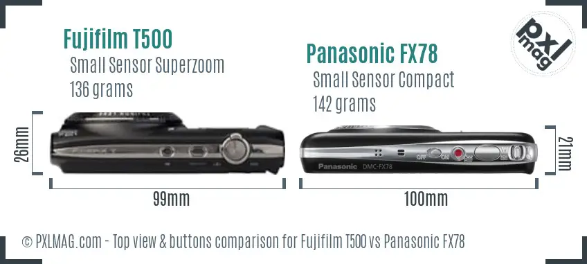 Fujifilm T500 vs Panasonic FX78 top view buttons comparison Fujifilm T500 vs Panasonic FX78 top view buttons comparison