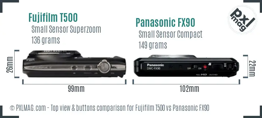 Fujifilm T500 vs Panasonic FX90 top view buttons comparison Fujifilm T500 vs Panasonic FX90 top view buttons comparison