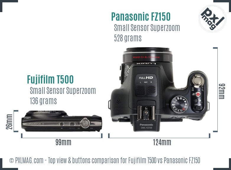 Fujifilm T500 vs Panasonic FZ150 top view buttons comparison