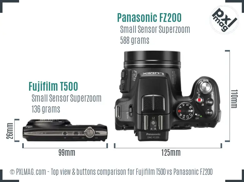 Fujifilm T500 vs Panasonic FZ200 top view buttons comparison