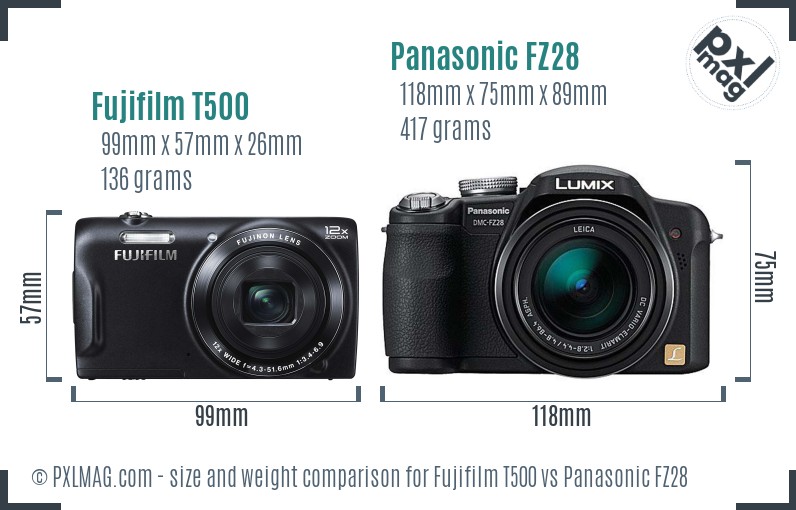 Fujifilm T500 vs Panasonic FZ28 size comparison Fujifilm T500 vs Panasonic FZ28 size comparison