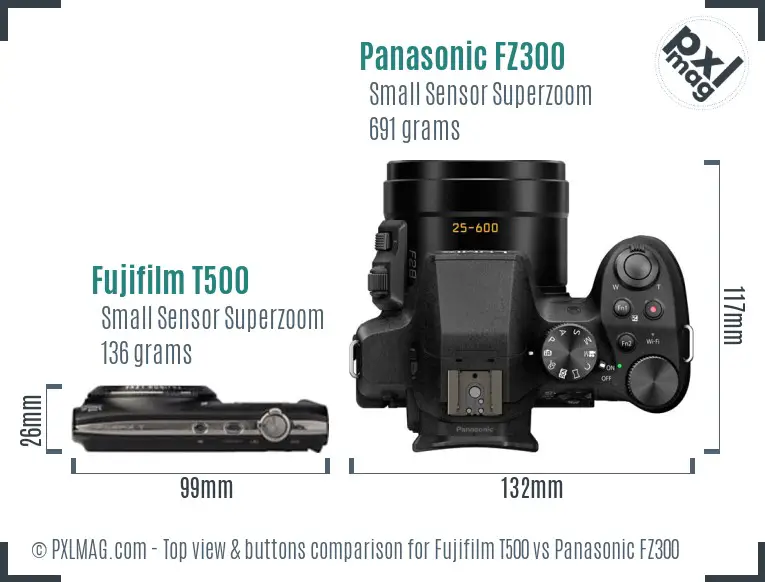 Fujifilm T500 vs Panasonic FZ300 top view buttons comparison