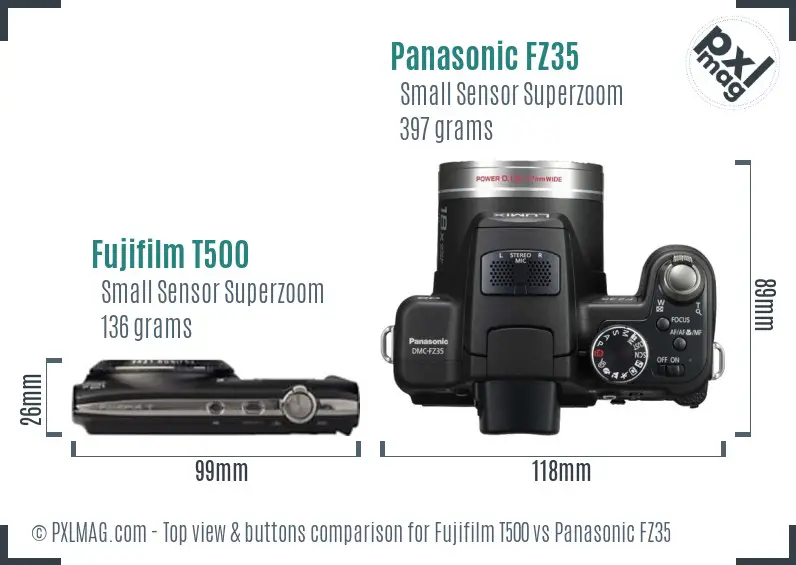 Fujifilm T500 vs Panasonic FZ35 top view buttons comparison Fujifilm T500 vs Panasonic FZ35 top view buttons comparison