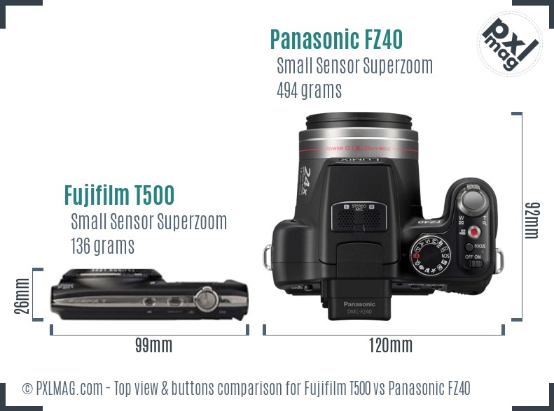 Fujifilm T500 vs Panasonic FZ40 top view buttons comparison