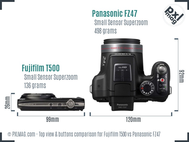 Fujifilm T500 vs Panasonic FZ47 top view buttons comparison