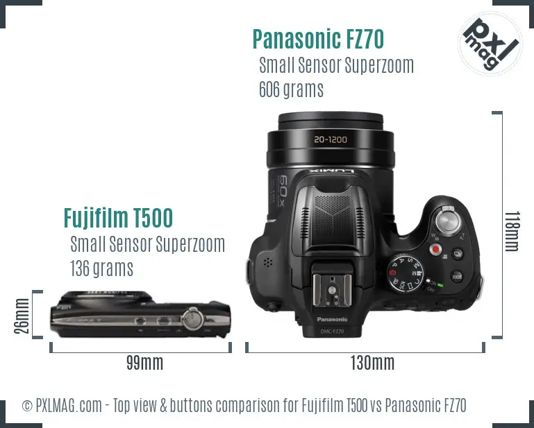 Fujifilm T500 vs Panasonic FZ70 top view buttons comparison