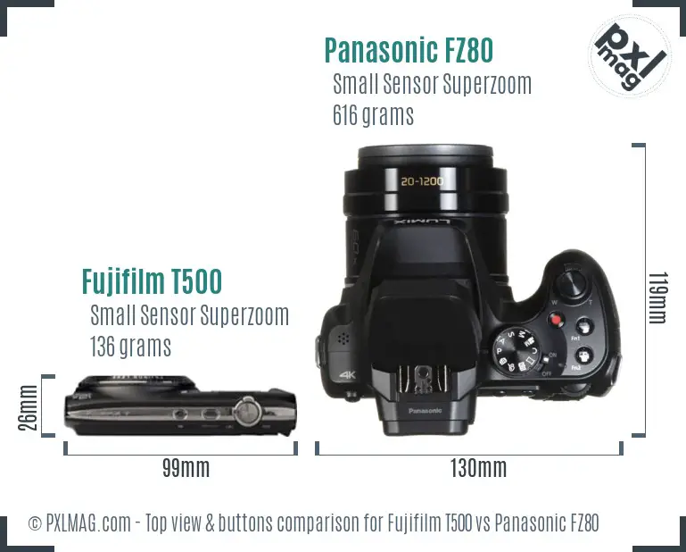 Fujifilm T500 vs Panasonic FZ80 top view buttons comparison