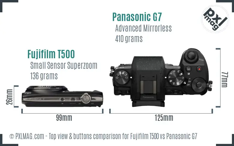 Fujifilm T500 vs Panasonic G7 top view buttons comparison