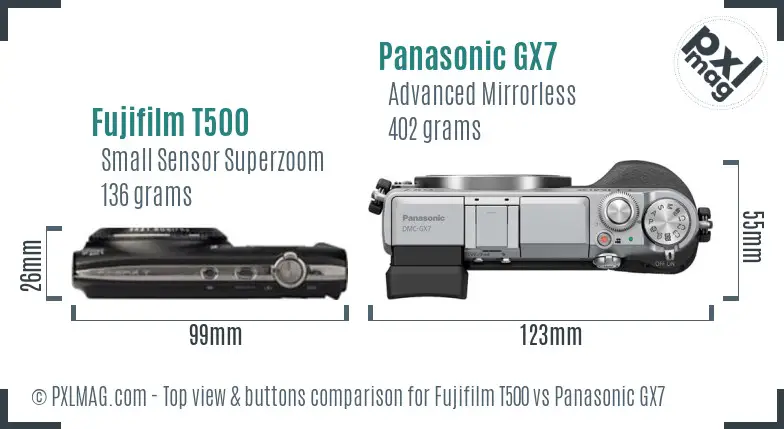 Fujifilm T500 vs Panasonic GX7 top view buttons comparison