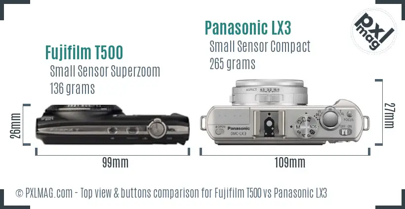 Fujifilm T500 vs Panasonic LX3 top view buttons comparison