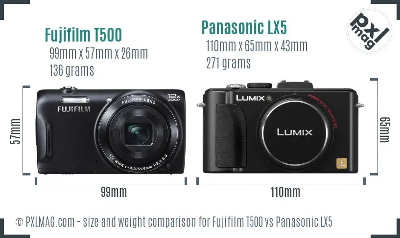 Fujifilm T500 vs Panasonic LX5 size comparison