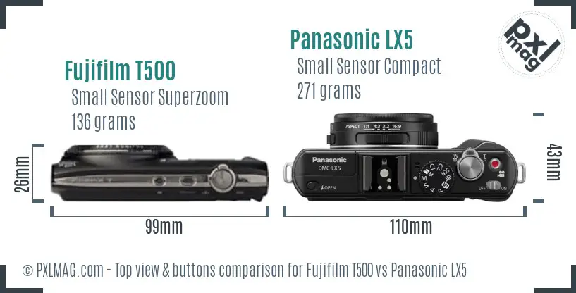 Fujifilm T500 vs Panasonic LX5 top view buttons comparison