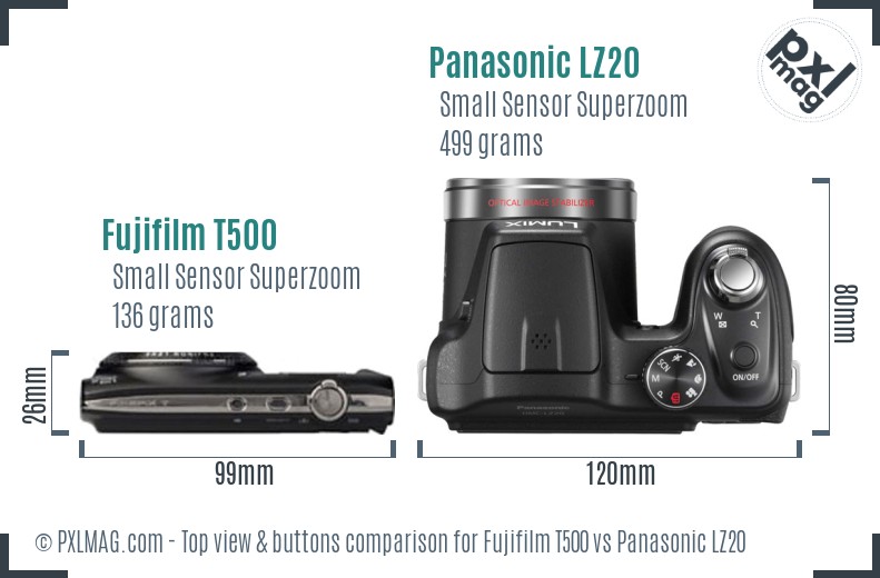 Fujifilm T500 vs Panasonic LZ20 top view buttons comparison
