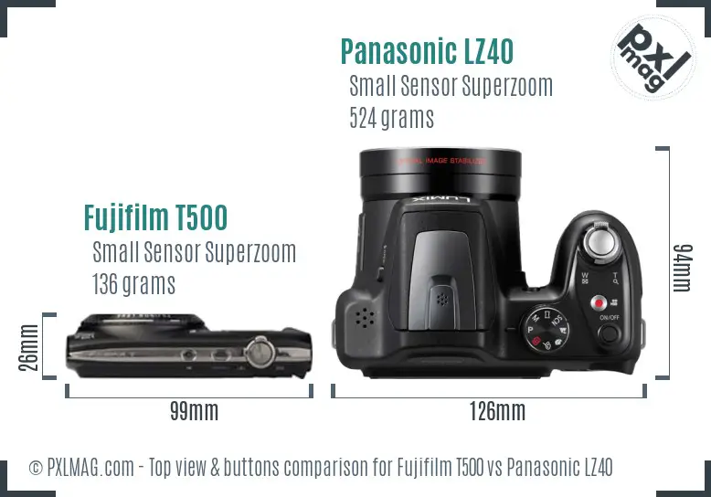 Fujifilm T500 vs Panasonic LZ40 top view buttons comparison