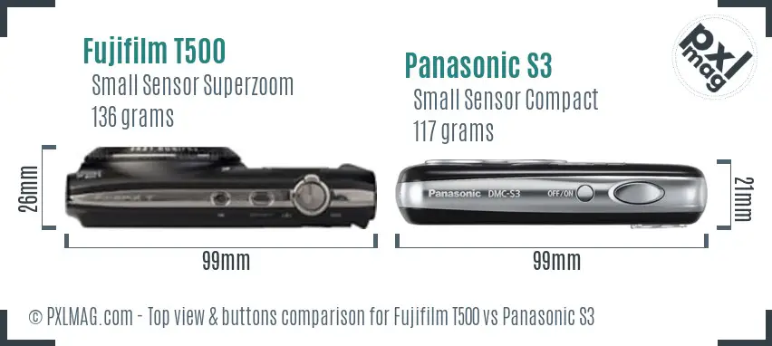 Fujifilm T500 vs Panasonic S3 top view buttons comparison Fujifilm T500 vs Panasonic S3 top view buttons comparison