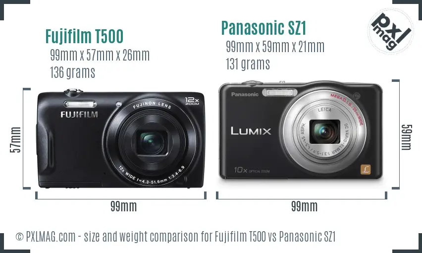 Fujifilm T500 vs Panasonic SZ1 size comparison