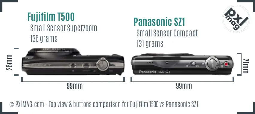 Fujifilm T500 vs Panasonic SZ1 top view buttons comparison