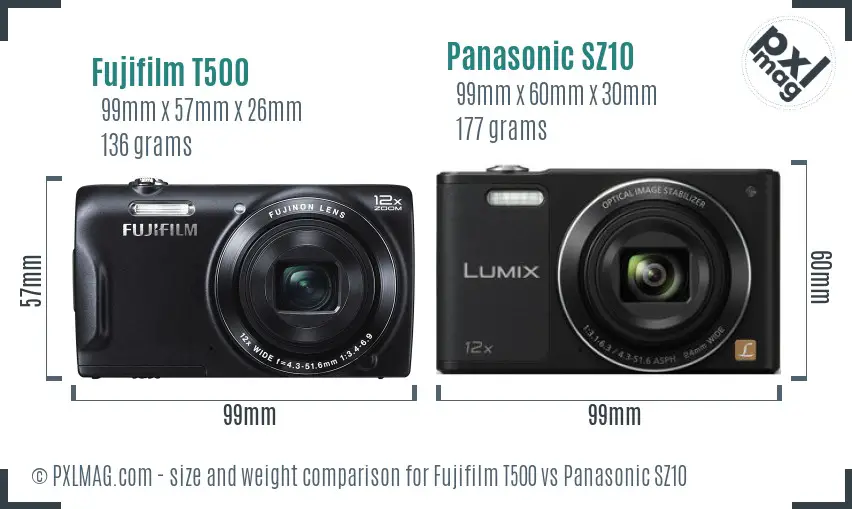 Fujifilm T500 vs Panasonic SZ10 size comparison