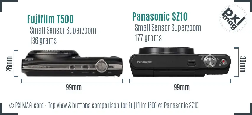 Fujifilm T500 vs Panasonic SZ10 top view buttons comparison