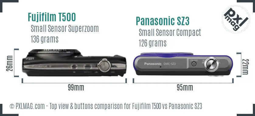 Fujifilm T500 vs Panasonic SZ3 top view buttons comparison Fujifilm T500 vs Panasonic SZ3 top view buttons comparison