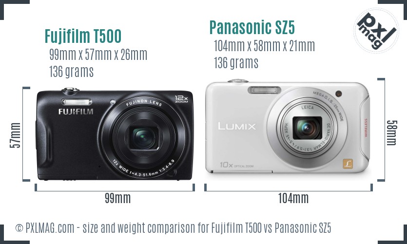 Fujifilm T500 vs Panasonic SZ5 size comparison