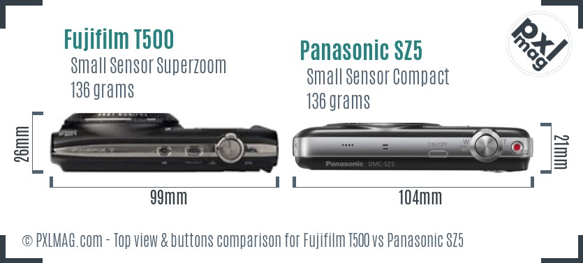 Fujifilm T500 vs Panasonic SZ5 top view buttons comparison