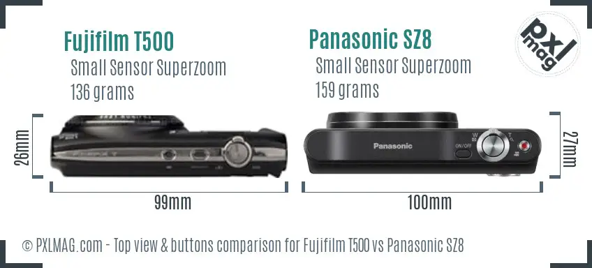 Fujifilm T500 vs Panasonic SZ8 top view buttons comparison Fujifilm T500 vs Panasonic SZ8 top view buttons comparison
