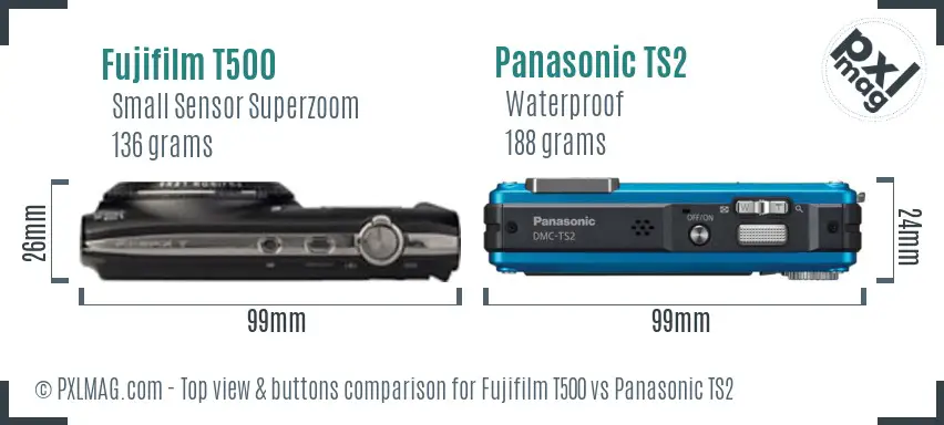 Fujifilm T500 vs Panasonic TS2 top view buttons comparison Fujifilm T500 vs Panasonic TS2 top view buttons comparison