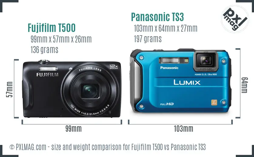 Fujifilm T500 vs Panasonic TS3 size comparison