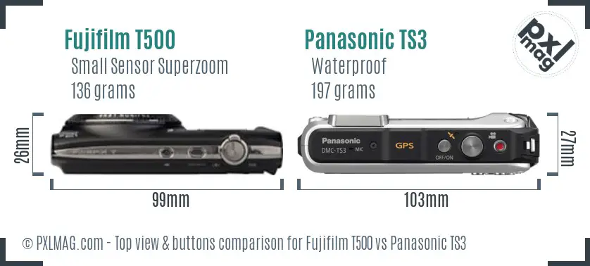 Fujifilm T500 vs Panasonic TS3 top view buttons comparison