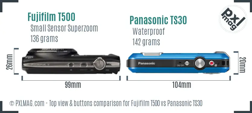 Fujifilm T500 vs Panasonic TS30 top view buttons comparison