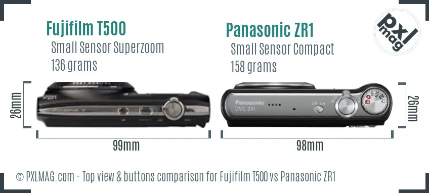 Fujifilm T500 vs Panasonic ZR1 top view buttons comparison