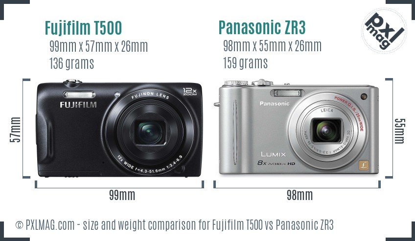 Fujifilm T500 vs Panasonic ZR3 size comparison