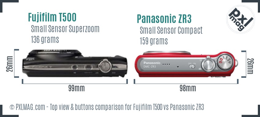 Fujifilm T500 vs Panasonic ZR3 top view buttons comparison