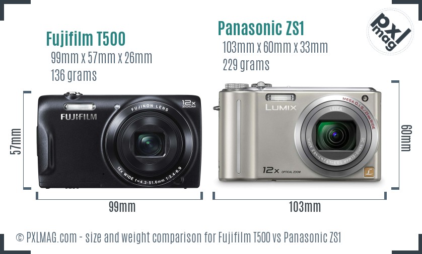 Fujifilm T500 vs Panasonic ZS1 size comparison