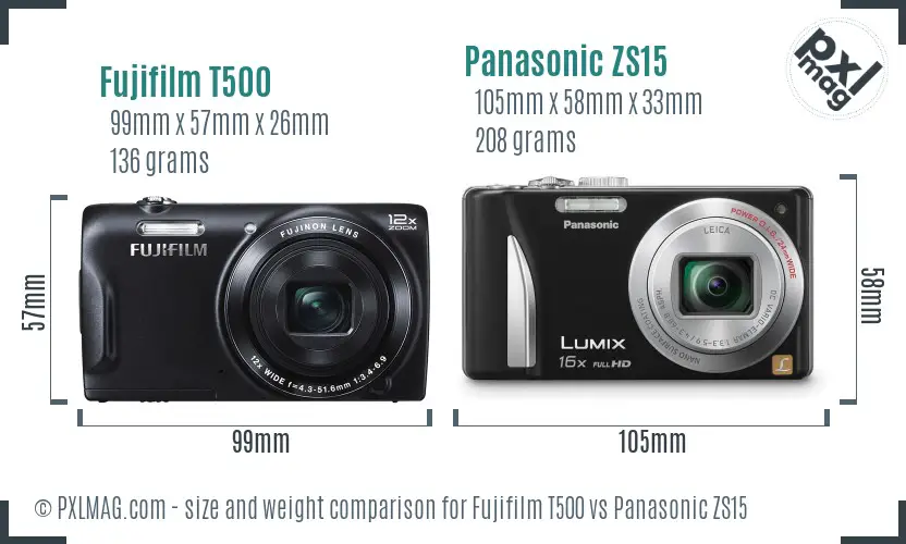 Fujifilm T500 vs Panasonic ZS15 size comparison