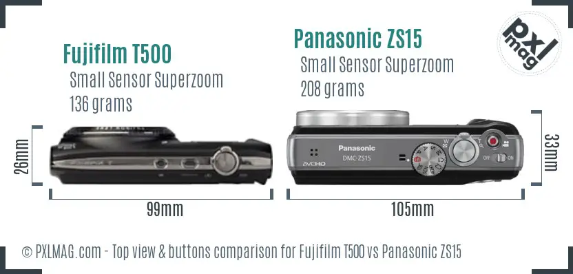 Fujifilm T500 vs Panasonic ZS15 top view buttons comparison