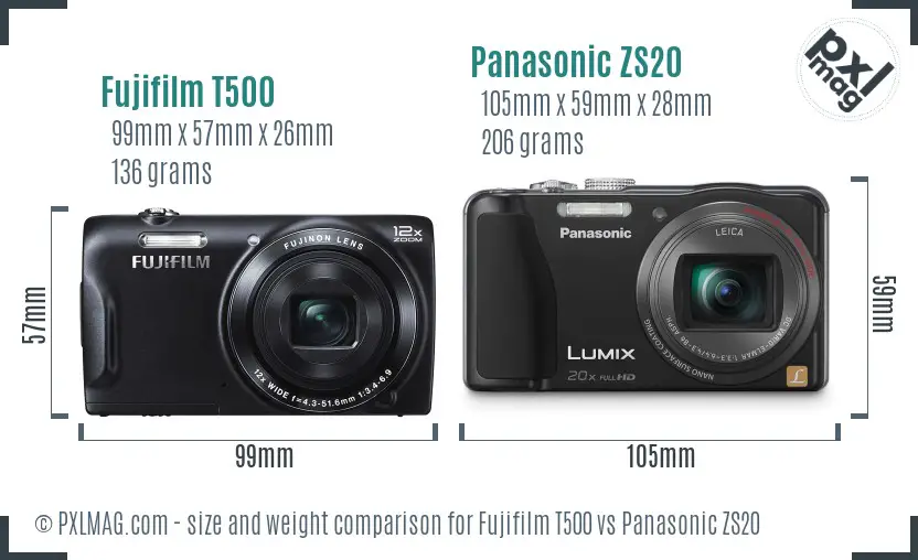 Fujifilm T500 vs Panasonic ZS20 size comparison