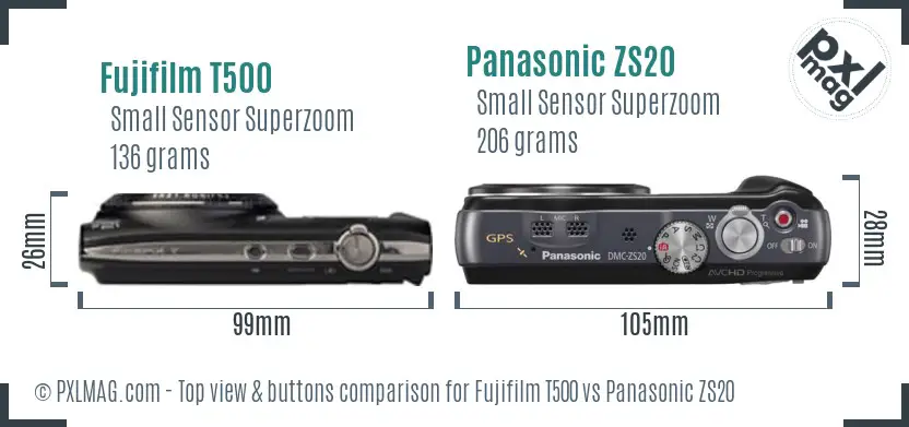 Fujifilm T500 vs Panasonic ZS20 top view buttons comparison