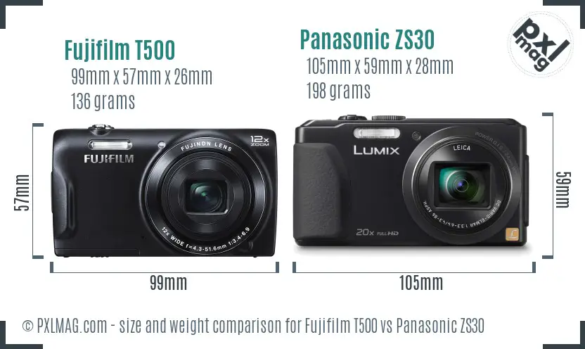 Fujifilm T500 vs Panasonic ZS30 size comparison