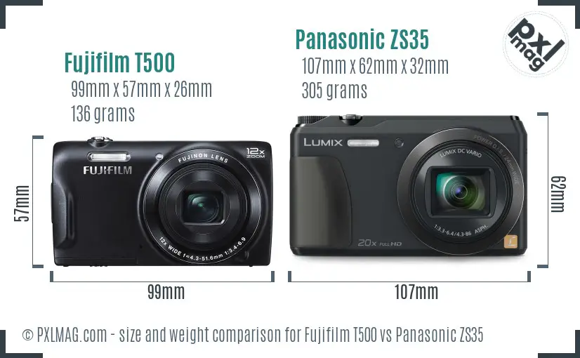 Fujifilm T500 vs Panasonic ZS35 size comparison