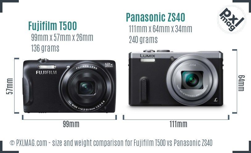 Fujifilm T500 vs Panasonic ZS40 size comparison