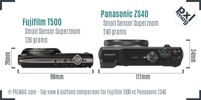 Fujifilm T500 vs Panasonic ZS40 top view buttons comparison