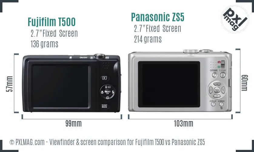 Fujifilm T500 vs Panasonic ZS5 Screen and Viewfinder comparison