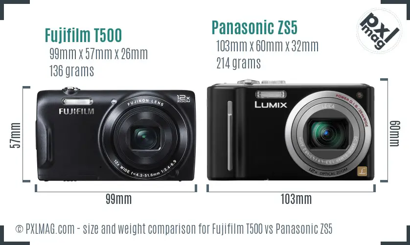 Fujifilm T500 vs Panasonic ZS5 size comparison