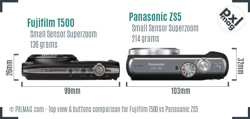 Fujifilm T500 vs Panasonic ZS5 top view buttons comparison