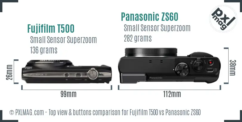 Fujifilm T500 vs Panasonic ZS60 top view buttons comparison