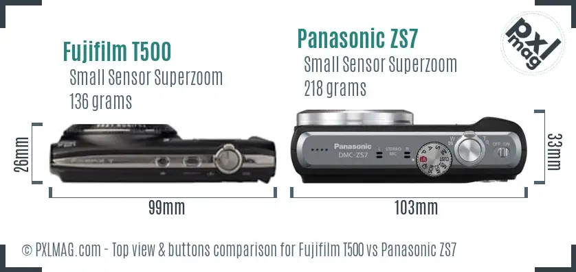 Fujifilm T500 vs Panasonic ZS7 top view buttons comparison