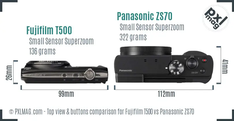 Fujifilm T500 vs Panasonic ZS70 top view buttons comparison