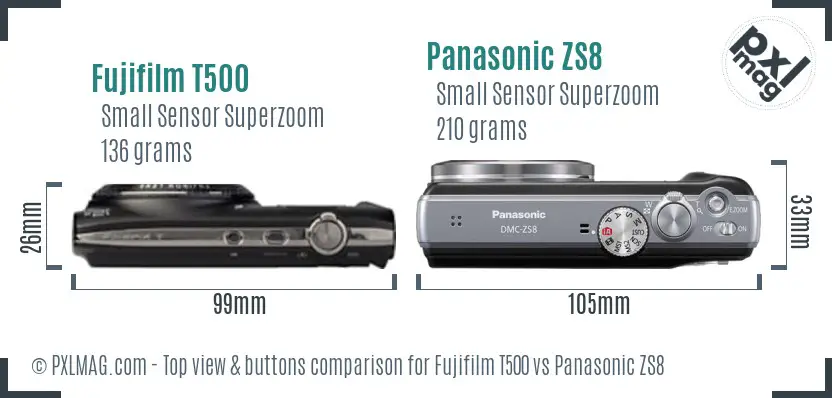 Fujifilm T500 vs Panasonic ZS8 top view buttons comparison Fujifilm T500 vs Panasonic ZS8 top view buttons comparison